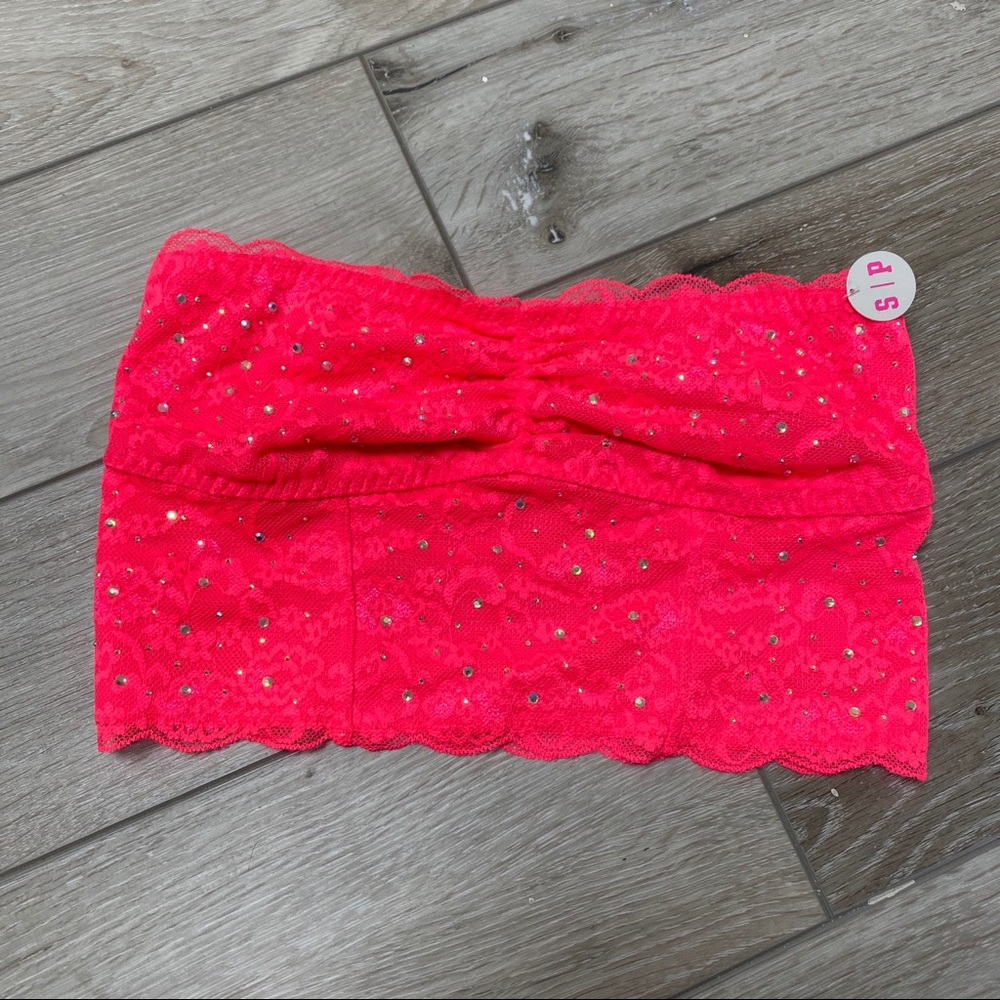 VS PINK strapless hot pink lace bling bralette